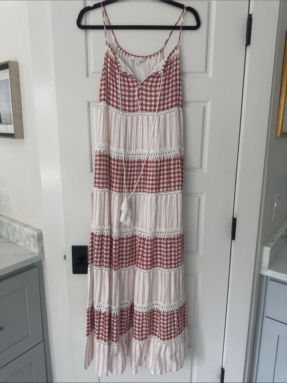 Chelsea and Violet Tiered Red Gingham Maxi Dress with Lace Trim - Women